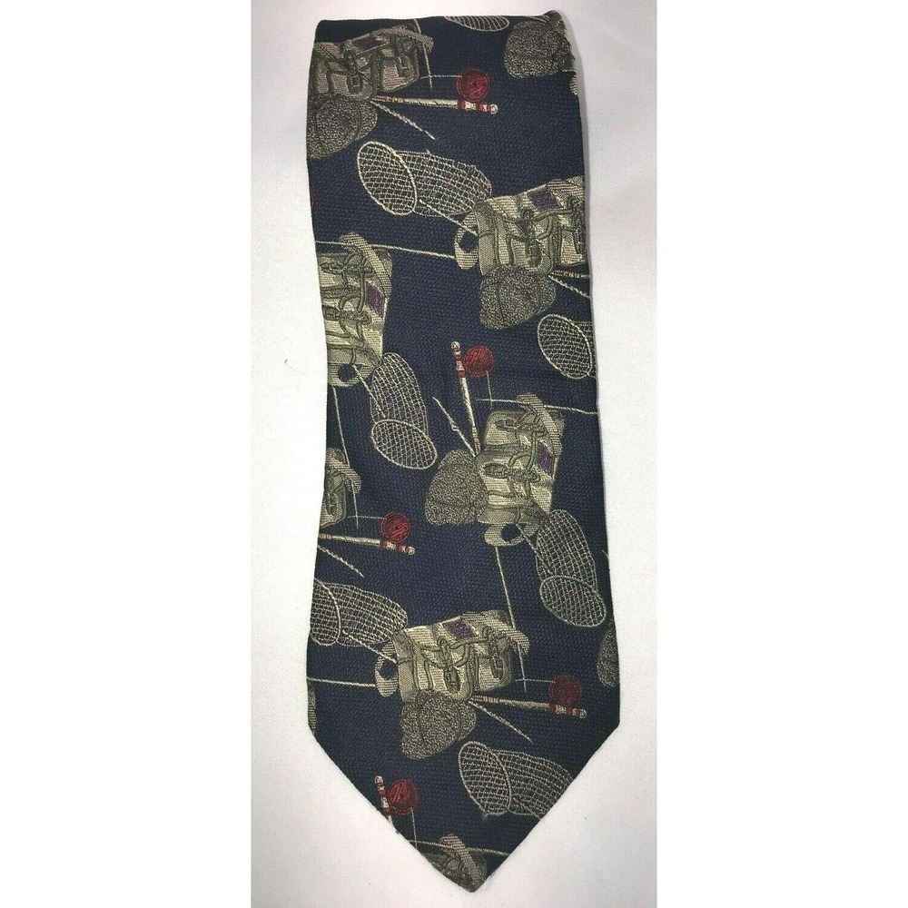 Nautica Navy with‎ Fishing Gear Net Reel Tackle Themed Silk Neck Tie 58" long